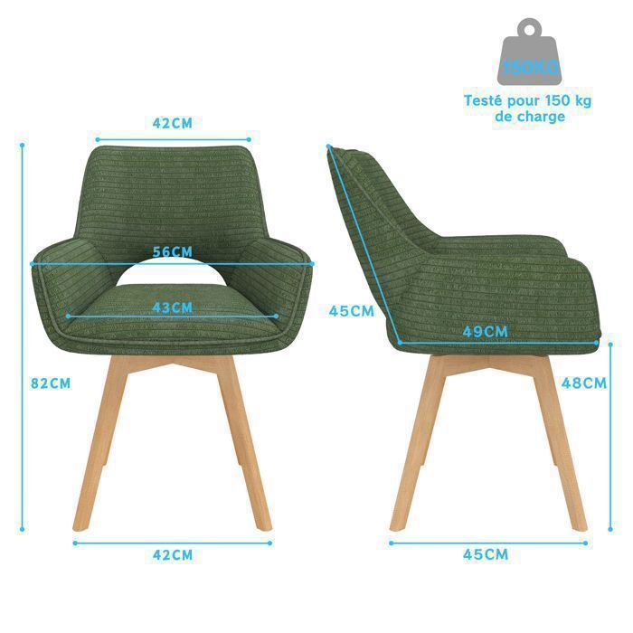 WAFTING Lot de 6 Chaises de Salle à Manger, Fauteuil Pivotantes avec Accoudoirs, Rembourrées avec Dossier en Velours,Bois Pied,Vert