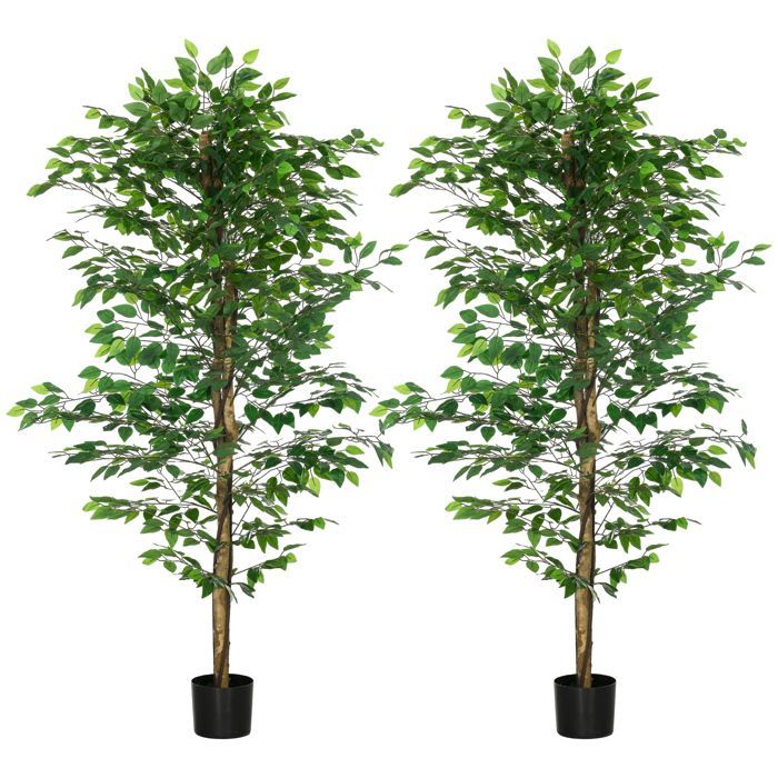 Conjunto de 2 plantas artificiales - ficus, 1,80 m de altura - tronco, ramas, enredaderas, líquenes y hojas realistas, maceta incluida, verde