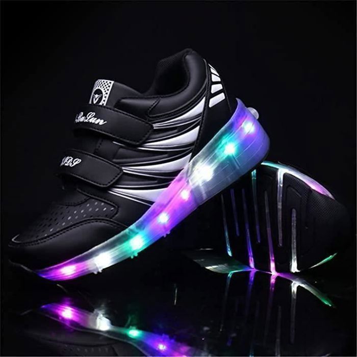 Zapatillas infantiles con ruedas LED luminosas, zapatillas deportivas con ruedas dobles, zapatillas de skate para exteriores para niñas y niños, color negro.