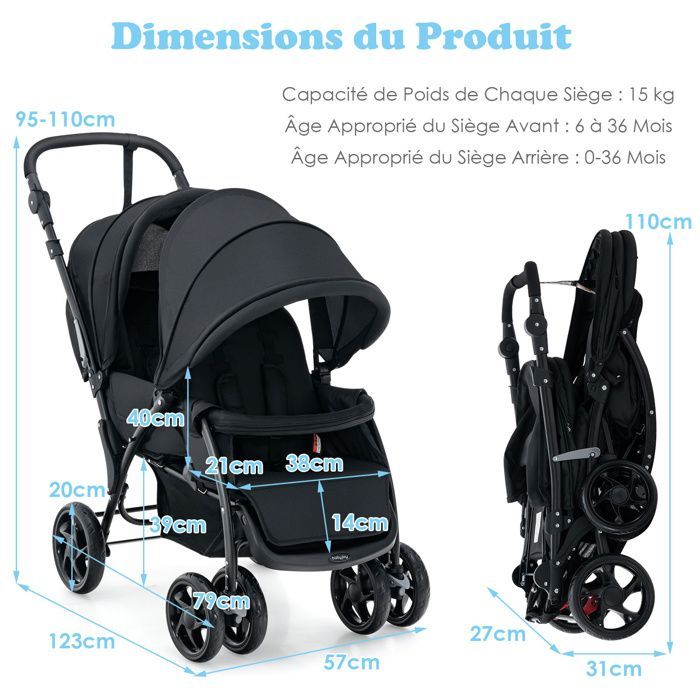 DREAMADE Lichtgewicht opvouwbare duowandelwagen voor 2 baby's, tandemzitje, verstelbare rugleuningen en voetsteunen, ééntrapsrem, zwart