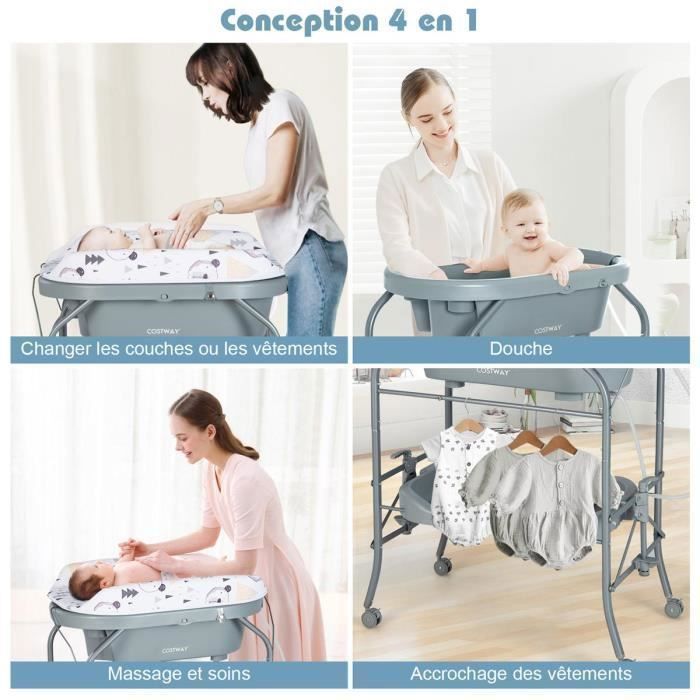 Cambiador plegable 4 en 1 para bebés COSTWAY con bañera (20 L) - 4 ruedas, manguera de 1 m, bandeja de almacenamiento, cojín de PVC impermeable - 35 kg - Gris