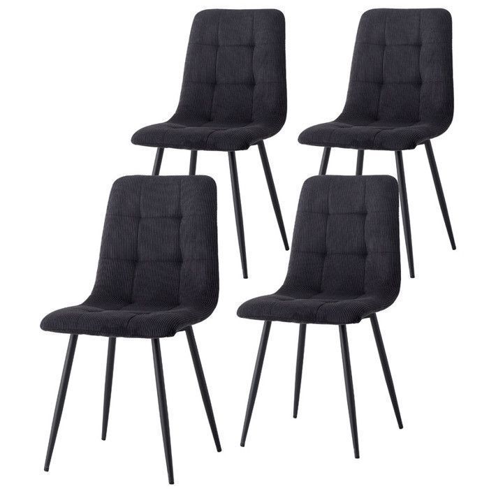 DOWISDOLY Lot de 4 chaises - Velours côtelé - Chaises de salle à manger vintage - Noir - L44 x P41 x H89 cm