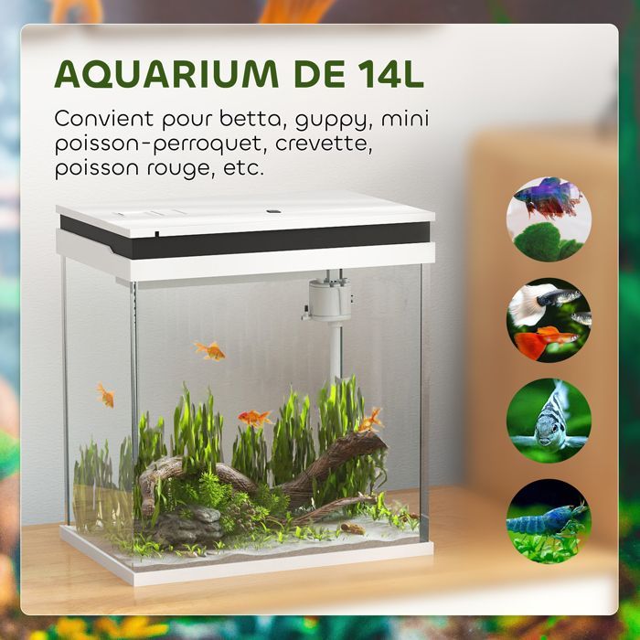 Komplettes kleines Aquarium – PawHut – 14 l – mit Filtersystem, LED-Beleuchtung, Wasserpumpe und Deckel – weiß