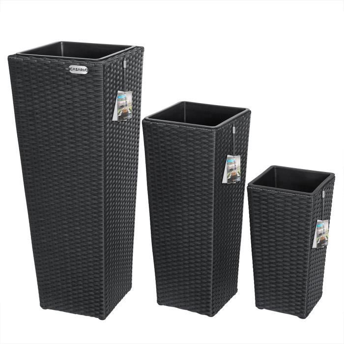 Set de 3 pots de fleurs polyrotin noir cache-pot pot intérieur évacuation eau extérieur intérieur bac à fleurs jardinière
