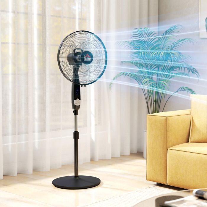 Ventilador de pedestal potente - HOMCOM - altura regulable - mando a distancia, 3 velocidades, oscilación y temporizador - negro