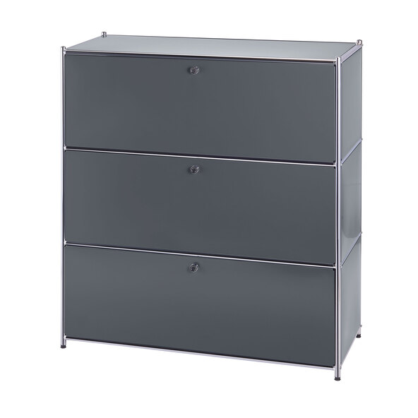 Metal shelf with three fold-down compartments, grey