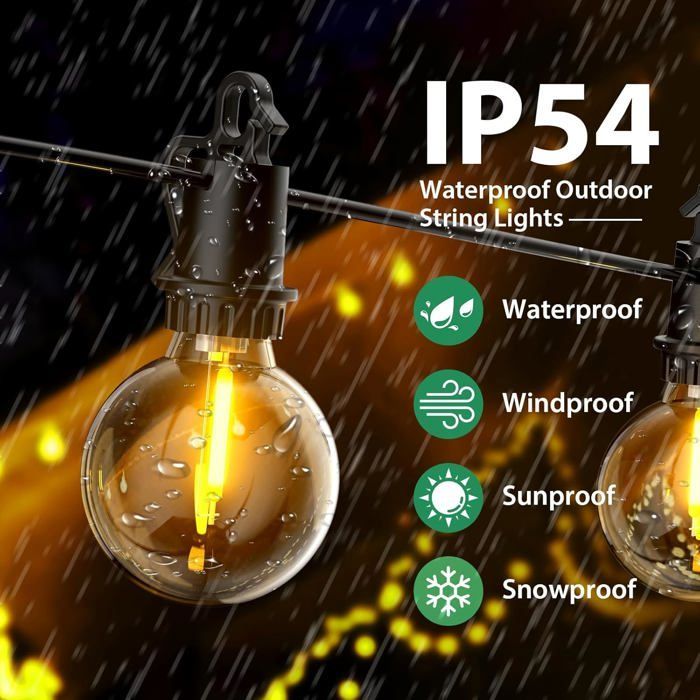 Guirnalda de luces LED para exteriores de 32,7 m con 50+3 bombillas G40, clasificación IP54, irrompible, luz blanca cálida.