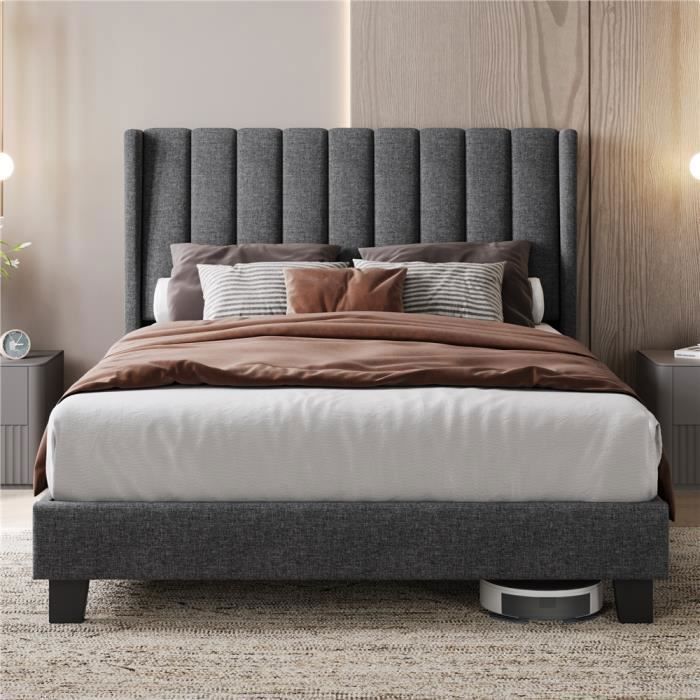 Yaheetech Lit Double Rembourré 140x200 cm avec Sommier à Lattes pour Adultes 2 Personnes Gris Foncé