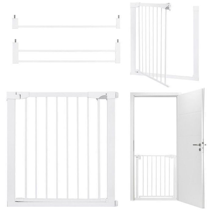 MoMi PAXI PLUS - Barrière de sécurité enfant 75-82 cm (extensible 103 cm) - Double ouverture - Installation sans perçage - Blanc