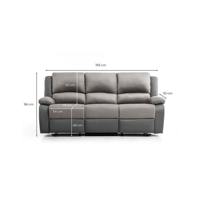 Sofá reclinable de 3 plazas LEO en microfibra y piel sintética - Gris - 193 x 93 x 96 cm - LOUNGITUDE