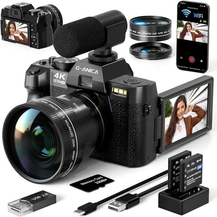 Digital cameras for 4K photography, 48MP with autofocus, vlogging camera including 32GB TF card & 2 batteries