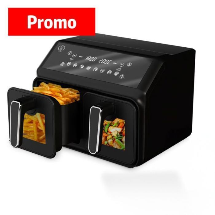 Friggitrice ad aria a doppia zona da 8 litri e 2200 W, 10 programmi, luce interna, senza olio, capacità per famiglie. Friggitrice elettrica O.Ye da 8 litri.
