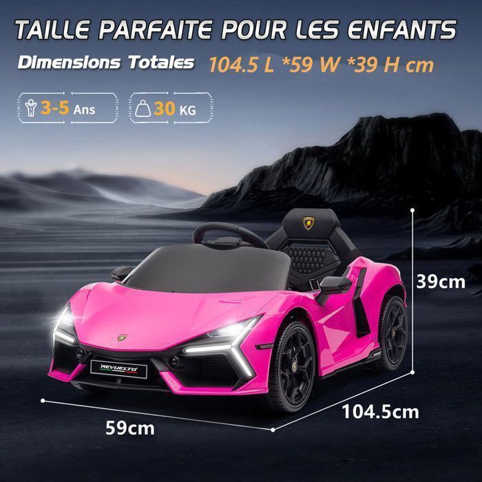 Voiture électrique Lamborghini Revuelto - LALAHO - 3 vitesses, avec télécommande 2.4 G, pour enfants de 3 à 6 Ans, Rose