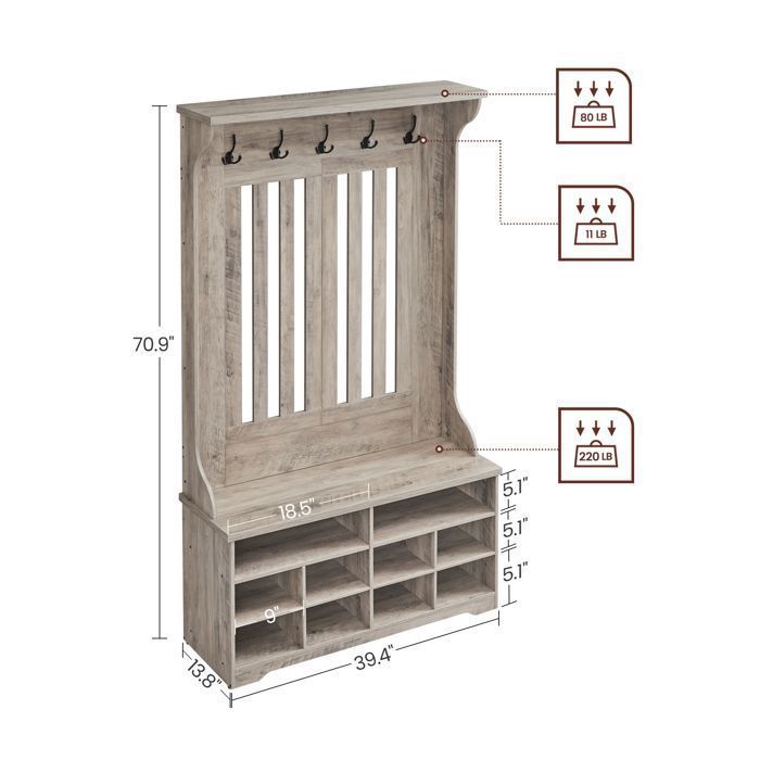 VASAGLE Garderobenständer mit Schuhbank – 5 Dreifachhaken, Beige