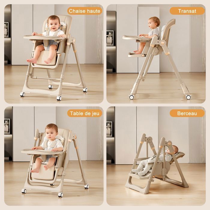 Trona 4 en 1 para bebé con ruedas, respaldo y bandeja ajustables, inclinación y altura regulables, de 6 a 36 meses y hasta 25 kg.