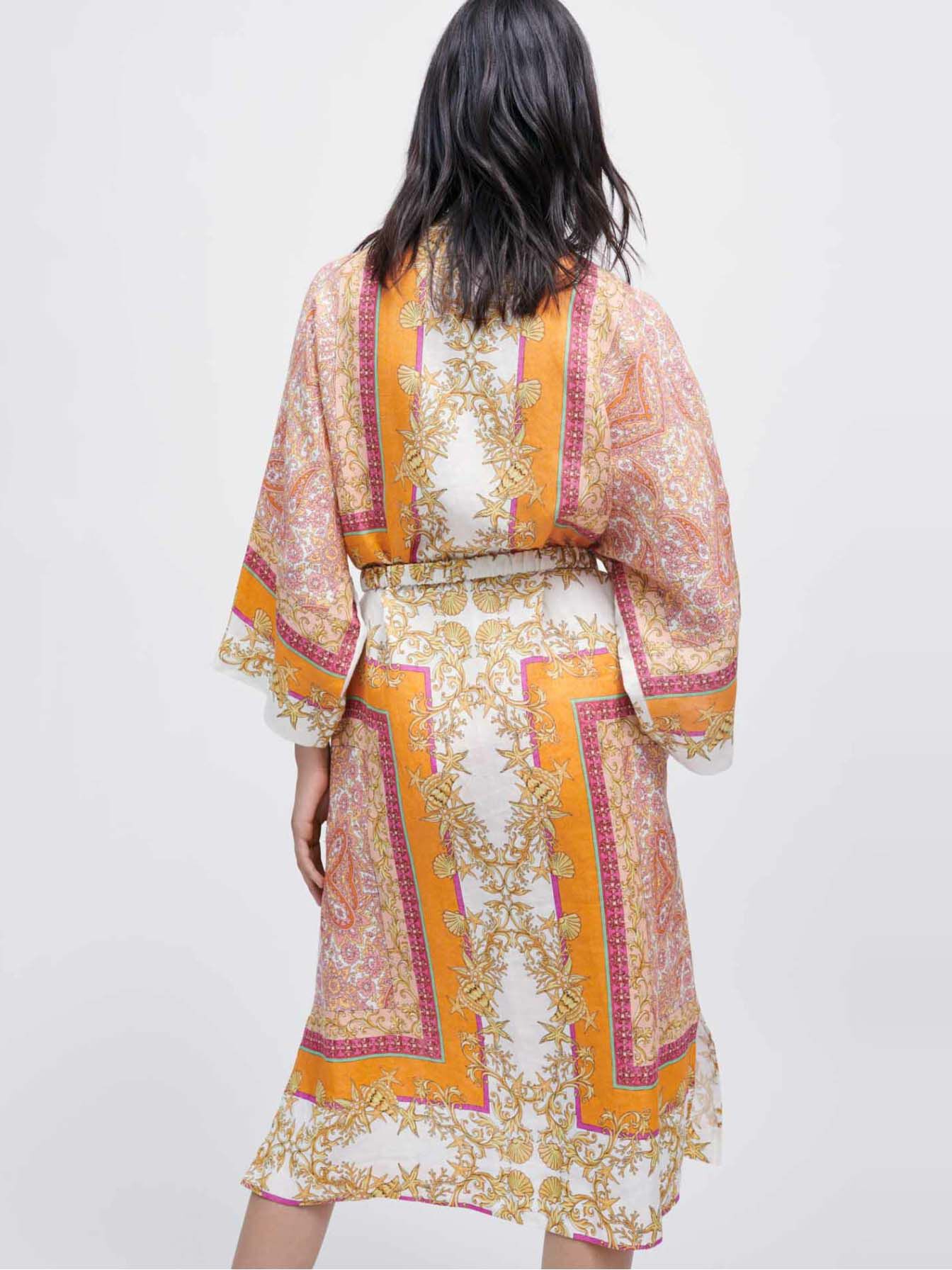Kimono din in cu eșarfă imprimată - Foulard Coquillage