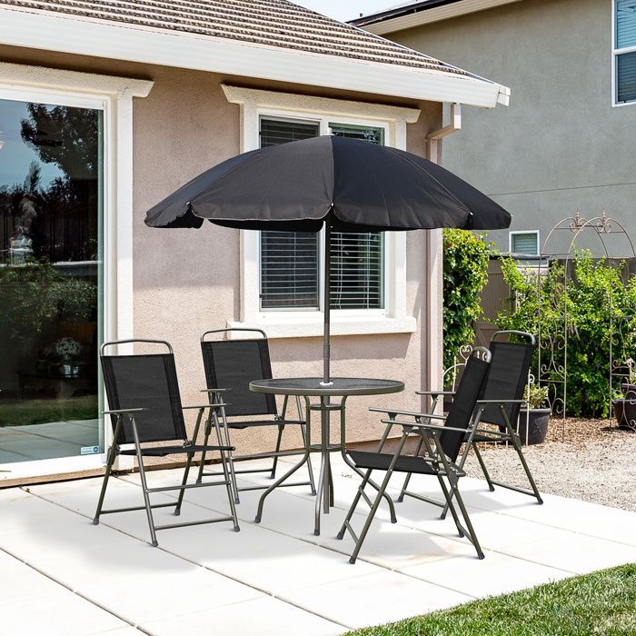 Ensemble salon de jardin - Outsunny - 6 pcs table ronde 4 chaises pliables parasol - acier - noir