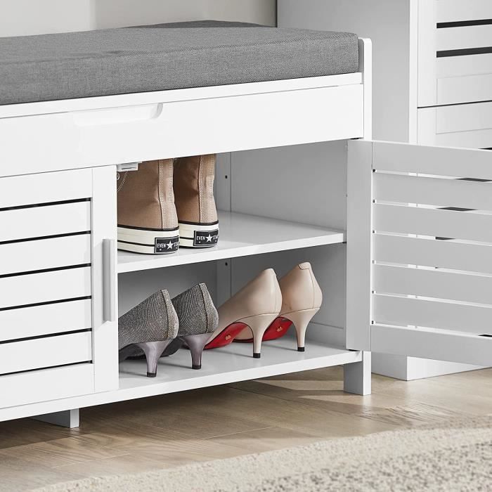 Armario bajo para pasillo SoBuy FSR102-W con cómodo cojín acolchado, almacenamiento integrado y 2 puertas, 90x33x80 cm