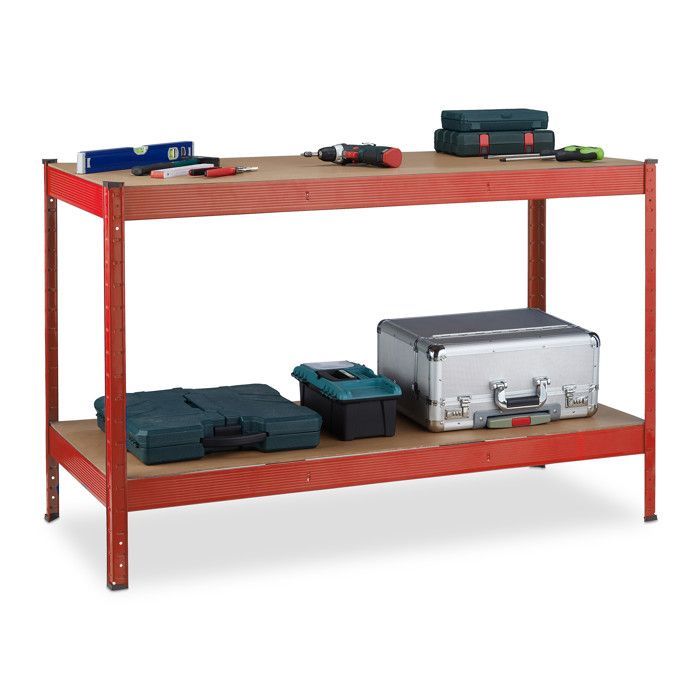 Πάγκος εργασίας Relaxdays, 600 kg, ΥxΠxΒ: 91 x 141 x 61 cm, 2 ρυθμιζόμενα επίπεδα, Επιφάνεια εργασίας, Ατσάλι & MDF, Πάγκος εργασίας, Κόκκινο