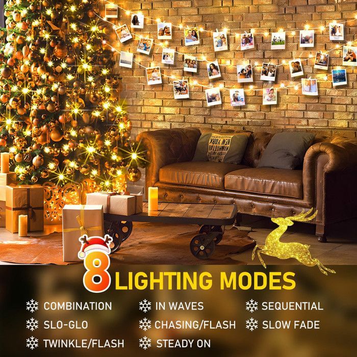 Guirlandes lumineuses Noël Extérieur Avec Prise Blanc chaud IP44 20m 200 LEDs,Mémoire/Timer,8 modes,Pour jardin/mariage/fêtes