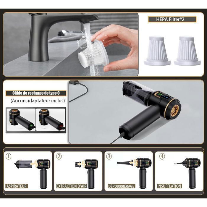 Aspirateur à Main - 22000Pa 4 in 1 - Aspirateur Voiture - 3 Vitesses 85,000U/min - pour Poils d'animaux véhicule Maison, Noir