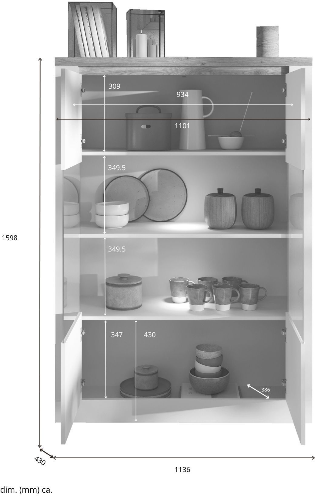 Vitrine - IMOLA - Blanc laqué / Plateau chêne cadiz - 2 Portes - Fabrication Italienne - 114 x 43 x 160 cm