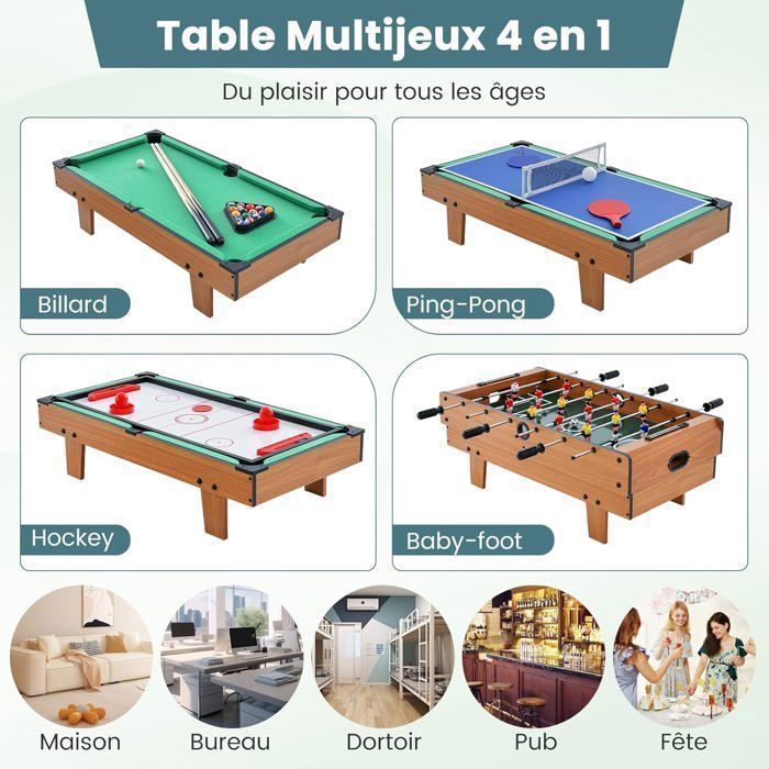 COSTWAY 4-in-1 Tischfußballtisch – Billard, Tischtennis, Hockey – Komplettes Zubehör – Stapelbare Spielfläche – 81 x 43 cm – Für Zuhause, Bar – Natur