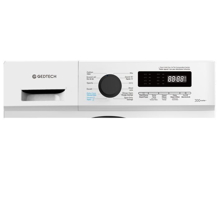 Lave-linge frontal GEDTECH GLL71200WH - 7 Kgs - 1200 tr/mn - 16 programmes - Eco - Intensif -  Rapide – Très Faible conso