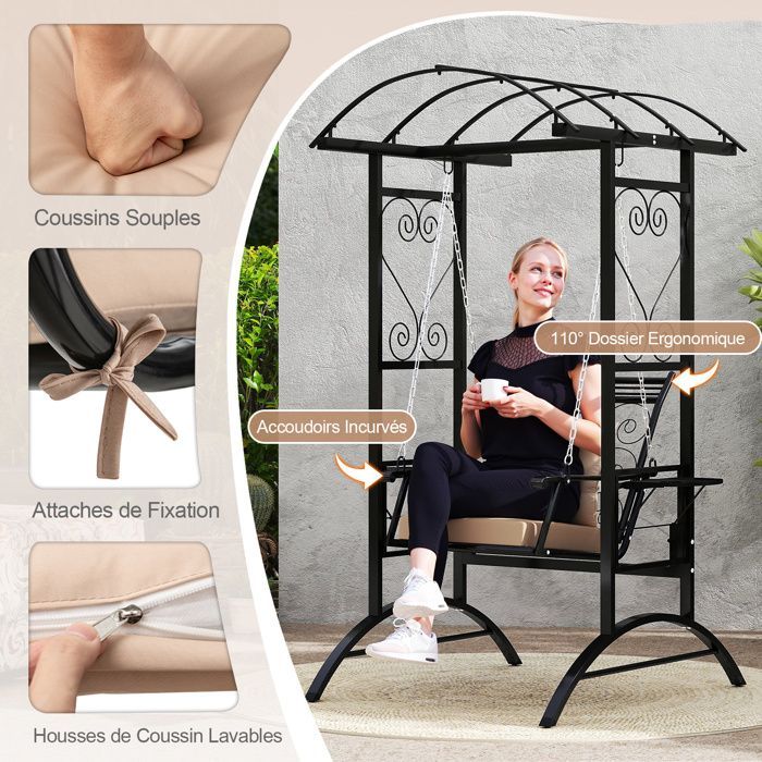 Silla columpio de jardín COSTWAY con techo arqueado y 2 enrejados para plantas, mesas auxiliares y cojines extraíbles.