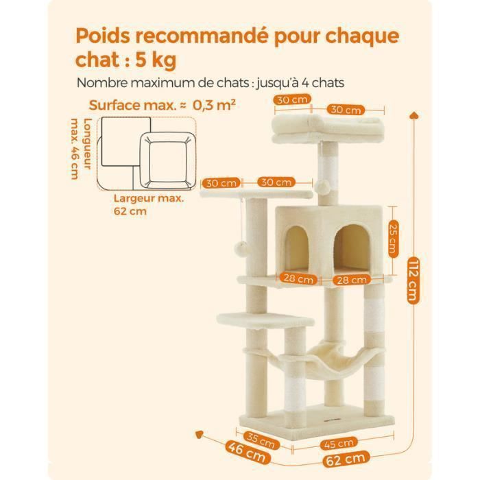 Tiragraffi Feandrea, alto 112 cm, con 4 pali tiragraffi, 2 piattaforme, 1 grotta, 1 amaca, 2 pompon, multilivello, beige.