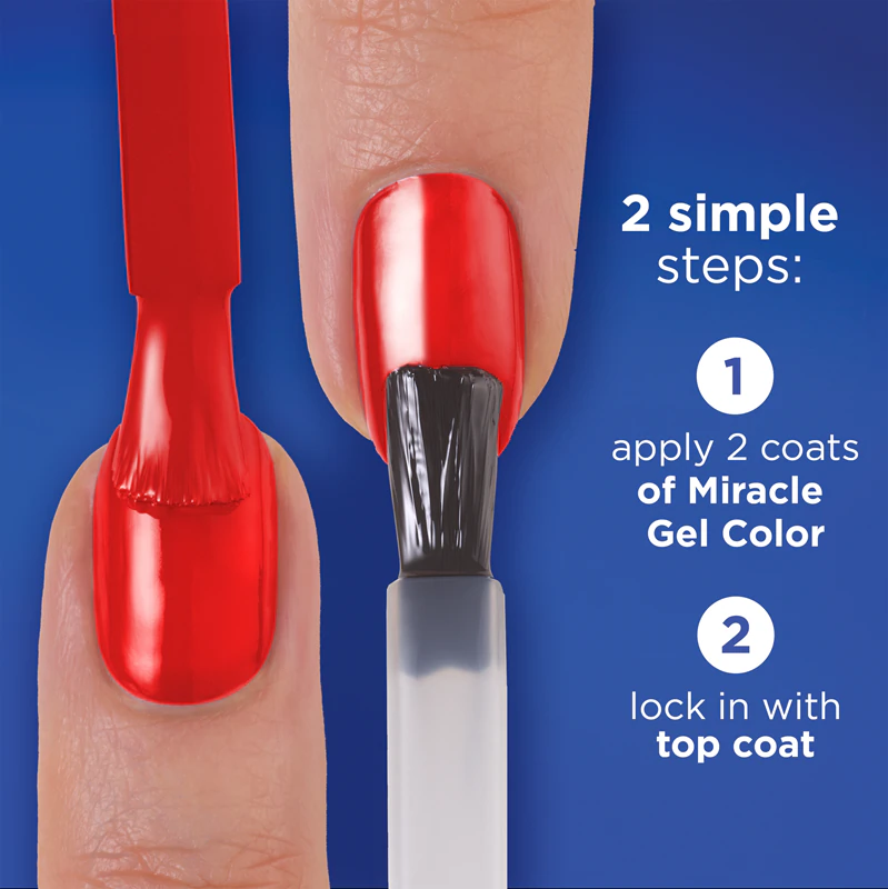 Esmalte híbrido Sally Hansen Miracle Gel™ sem a necessidade de lâmpada UV/LED.