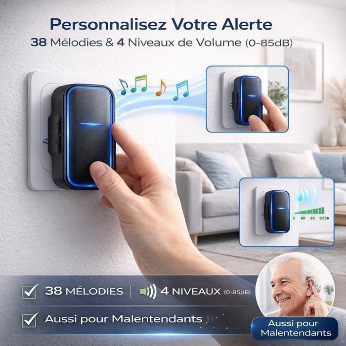 Sonnette Sans Fil, 1 Émetteur et 2 Récepteurs Enfichables, Portée 300M, 38 Mélodies, 4 Volumes, Flash LED, Noir