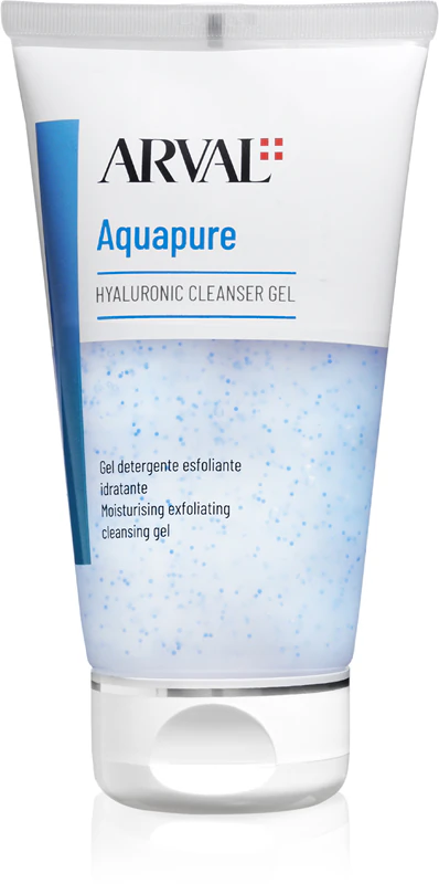 Gel de limpeza Arval Aquapure com ácido hialurônico, gel esfoliante suave para uma limpeza perfeita da pele.