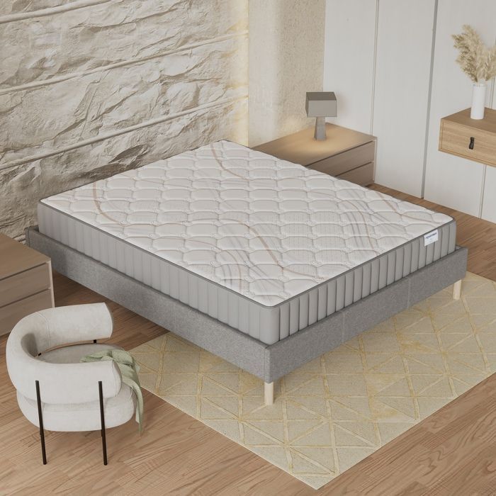 Colchón + Base de cama (180 x 200 cm) - Colchón de látex natural Sirius de 16 cm + Base de cama de madera estable y robusta, funda de tela gris