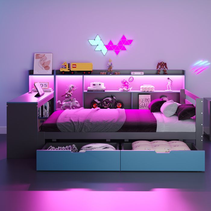 Cama individual de 90x200 cm con LED - 2 cajones y compartimentos de almacenamiento - toma de corriente - negro+azul