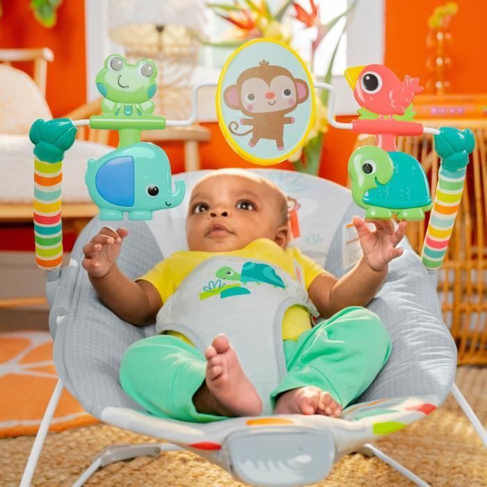 BRIGHT STARTS Transat pour bébé Animaux, Vibrations apaisantes, Arche d'éveil avec jouets interactifs, cadeau bébé