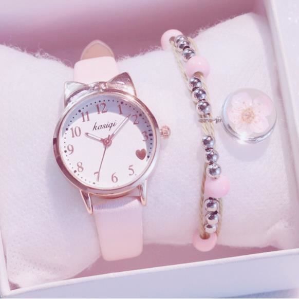 Set de regalo para relojes de niña: reloj con pulsera de flores y gato, reloj de cuarzo de cuero, regalo blanco y rosa para niñas.