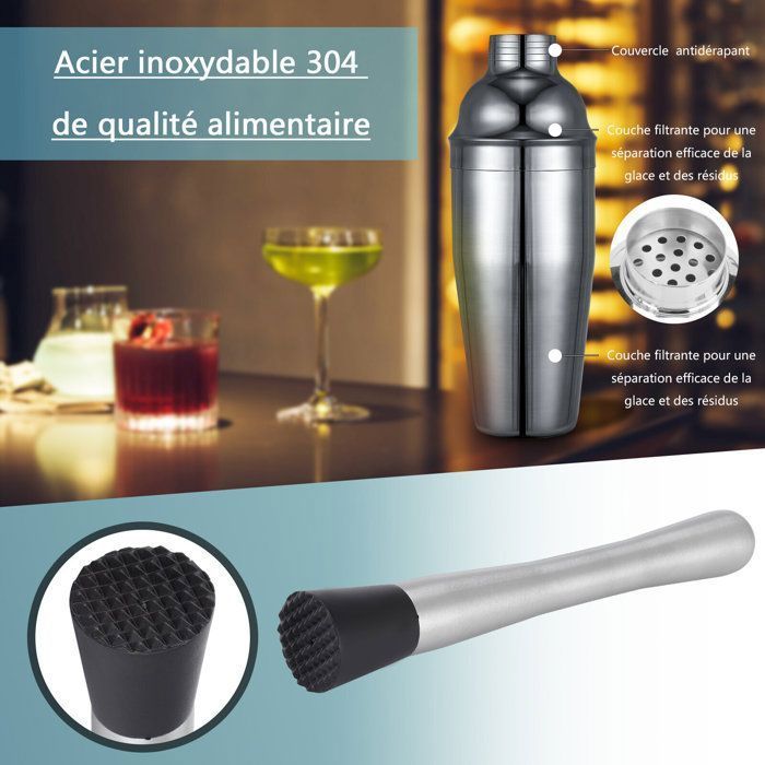 Juego de coctelería de acero inoxidable de 20 piezas con capacidad para 750 ml y soporte acrílico.