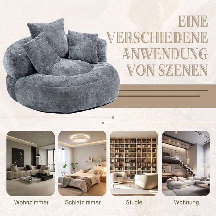 Lemonbest Bean Bag with Three Cushions, Suitable for Bedroom and Living Room, Lazy Sofa, 108*108*52cm Chenille Grey