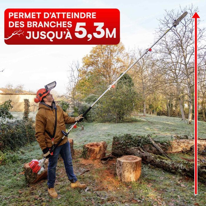 Elagueuse thermique sur perche - Moteur 2 temps 52 cm3 - 2 rallonges extensions - Longueur totale 4.06m - Guide chaîne 30cm