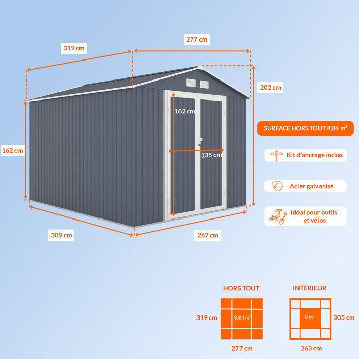 Caseta de jardín metálica de 8,84 m² - 277 x 319 x 202 cm - VELASCO - Kit de anclaje incluido, 2 puertas con bisagras - Gris