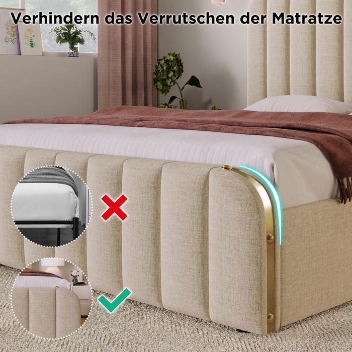 Opbergbed, gestoffeerd bed, dubbel gewatteerd hoofdeinde met USB Type-C oplaadfunctie, bed van 140x200 cm, beige