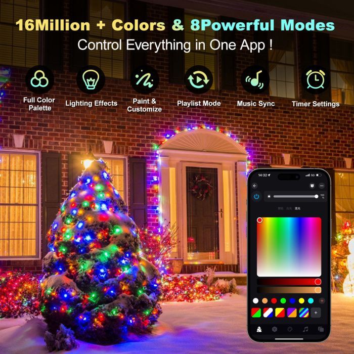 Yaskilosiu 30M 300LEDs Cordão de Luzes LED para Exterior, 10 Modos de Luz Coloridos, Cabo Verde, Natal