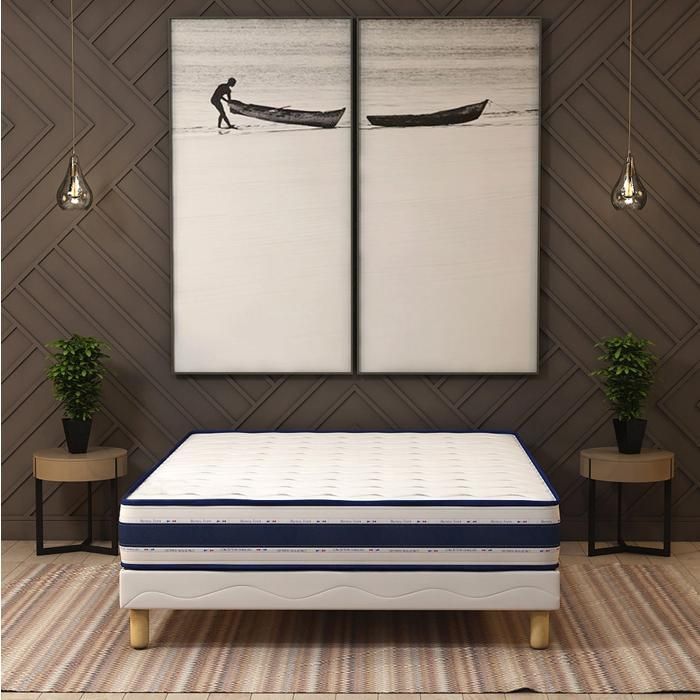 Blue Memory Set: Bed Base + Mattress 200x200 cm | Height 22 cm | Memory Foam | 8 Legs | Balanced Comfort