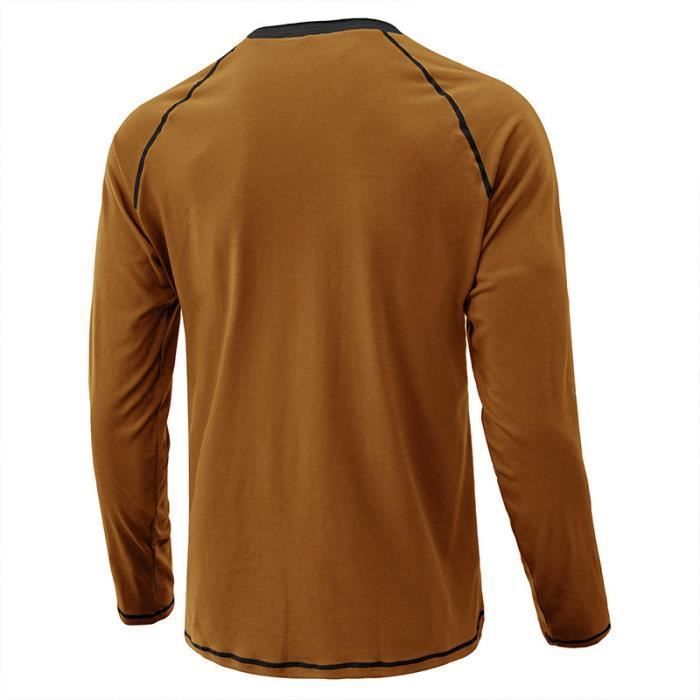 Camisa Henley de manga larga para hombre, corte recto informal - INSFITY - Café - Cuello abotonado