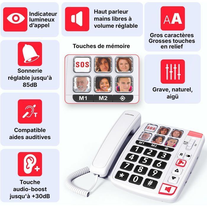 Seniorenfreundliches Festnetztelefon – LEVYS – Große Tasten – Extra lauter 85-dB-Klingelton – Anrufanzeigeleuchte