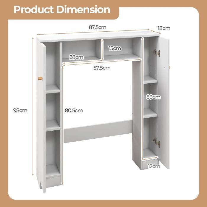 Armario para inodoro GOPLUS con estante superior, organizador de almacenamiento independiente con 2 puertas y 4 estantes ajustables, color blanco.