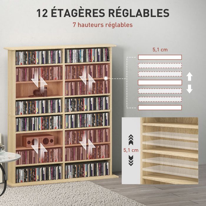 CD and DVD storage unit - HOMCOM - 16 compartments and 12 adjustable shelves - max. capacity 720 CDs/396 DVDs and Blu-rays - natural
