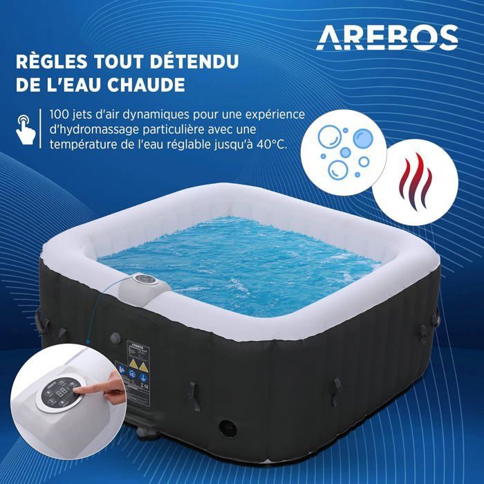 Spa hinchable AREBOS | Para uso interior y exterior | 4 personas | 154 x 154 cm | 100 chorros de masaje | Cuadrado | 600 litros