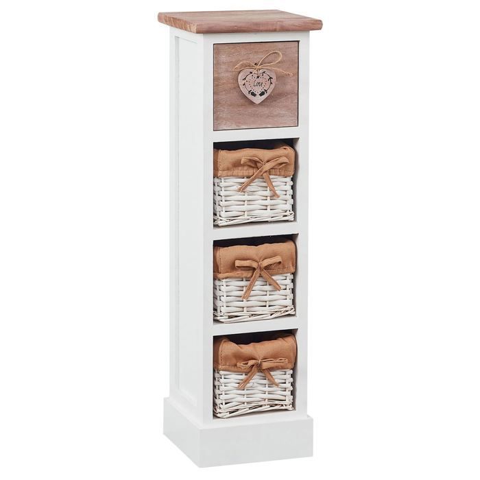 Cómoda FLOWER, de 70 cm de altura, en madera maciza blanca y marrón, con 1 cajón y 3 cestas, pequeño mueble de almacenamiento alto.